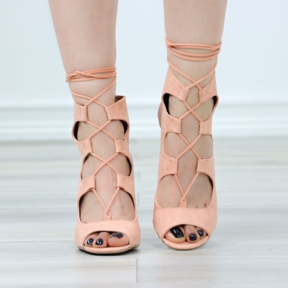 Melon Faux Suede Strappy Block High Heels Sandals Open Toe - Picture 10 of 11